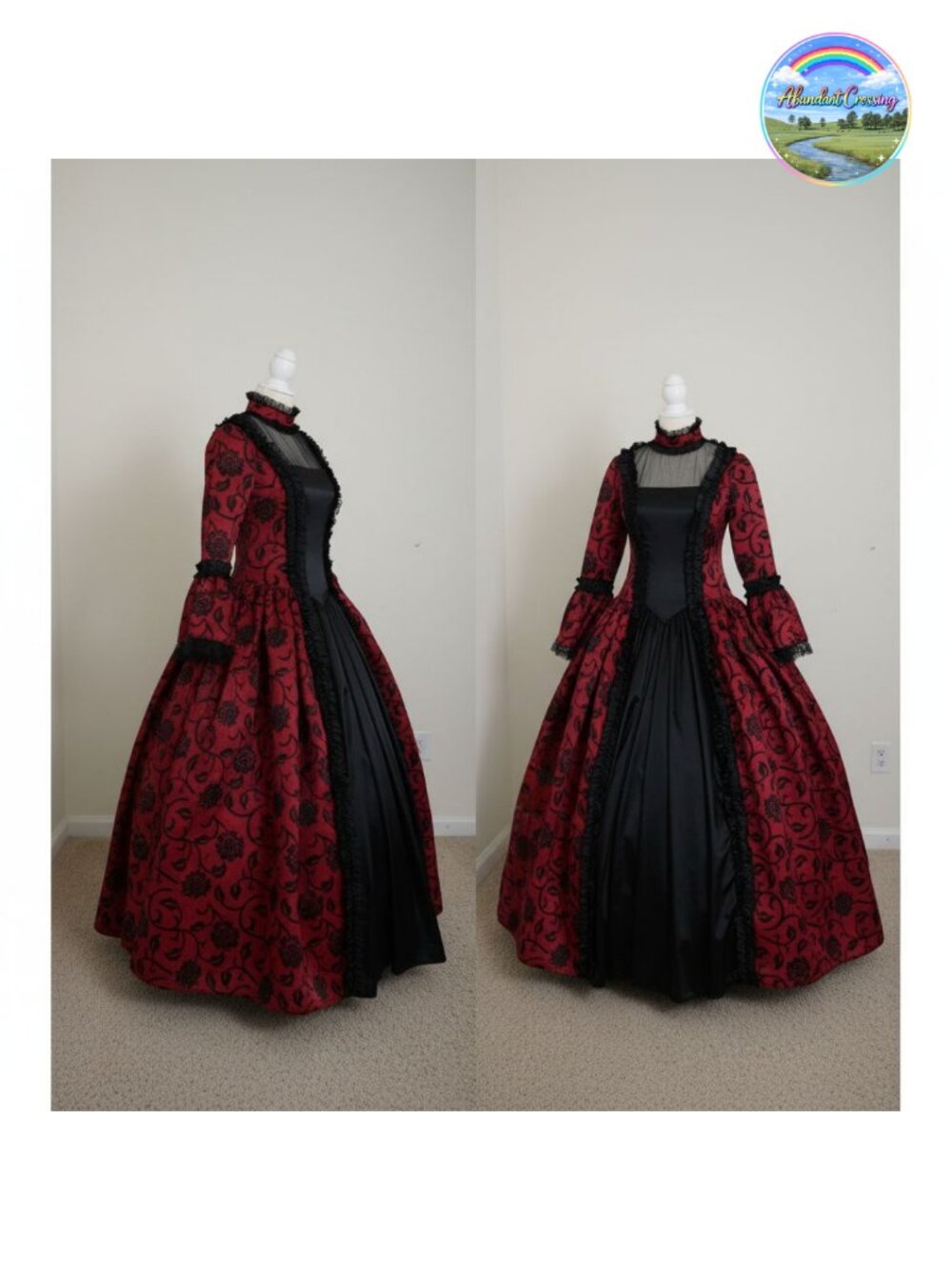 Women's Victorian Maiden Costume Dress Long Sleeve Satin Floral